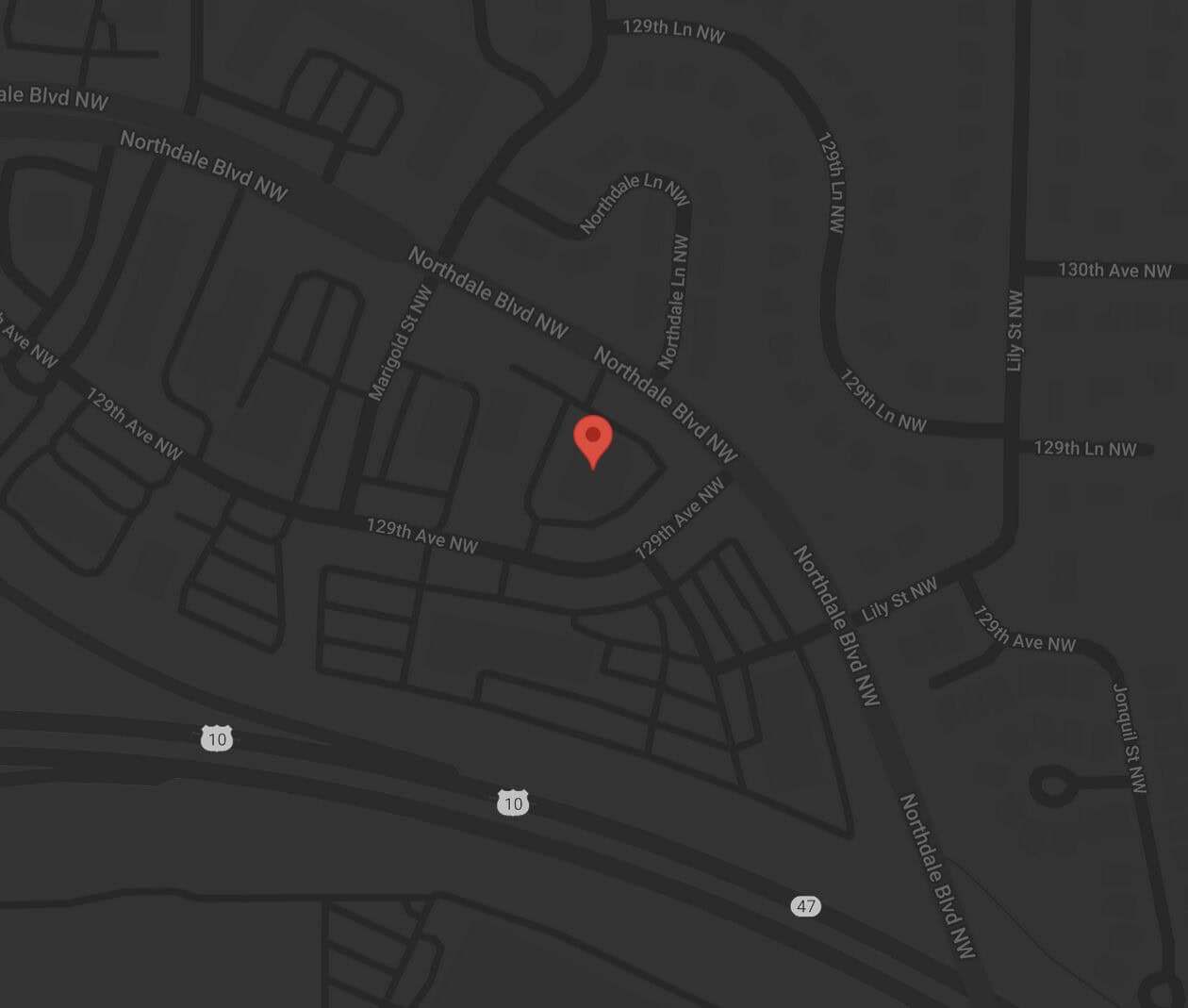 Map view showing roads labeled Northdale Blvd NW and 129th Ave NW, marked with a red location pin near their intersection.