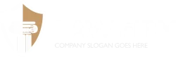 Logo featuring a shield with a column, adjacent to the text "Law Firm" and placeholder slogan "Company Slogan Goes Here" in light tones.